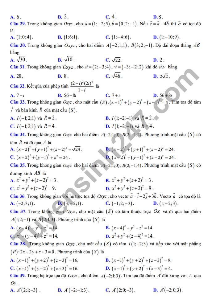 De giua ki 2 lop 12 nam 2024 mon Toan - THPT Thieu Hoa (Co dap an)