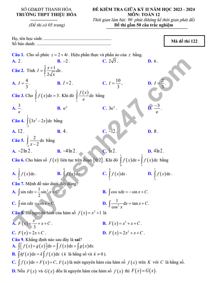 De giua ki 2 lop 12 nam 2024 mon Toan - THPT Thieu Hoa (Co dap an)