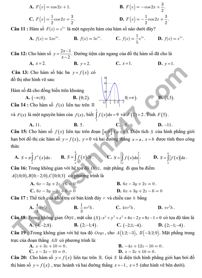 De giua ki 2 lop 12 nam 2024 mon Toan - THPT Tran Van Lan (Co dap an)