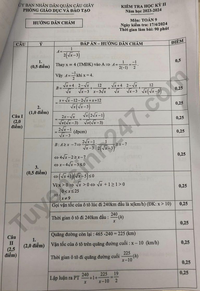 De thi ki 2 mon Toan lop 9 nam 2024 - Quan Cau Giay (Co dap an)