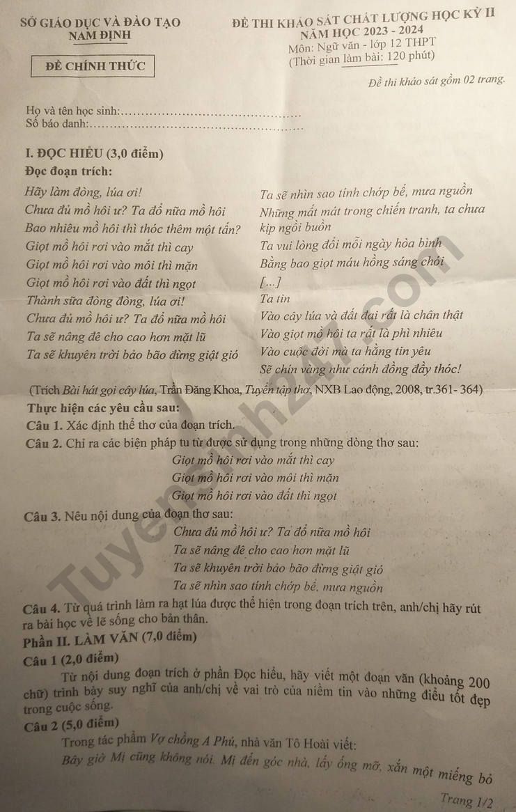 De thi ki 2 lop 12 mon Van 2024 - So GD Nam Dinh (Co dap an)