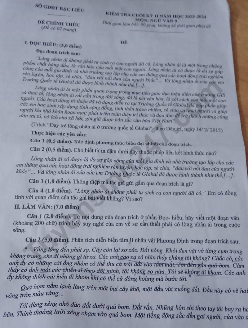 De thi ki 2 lop 9 mon Van 2024 - So GD Bac Lieu