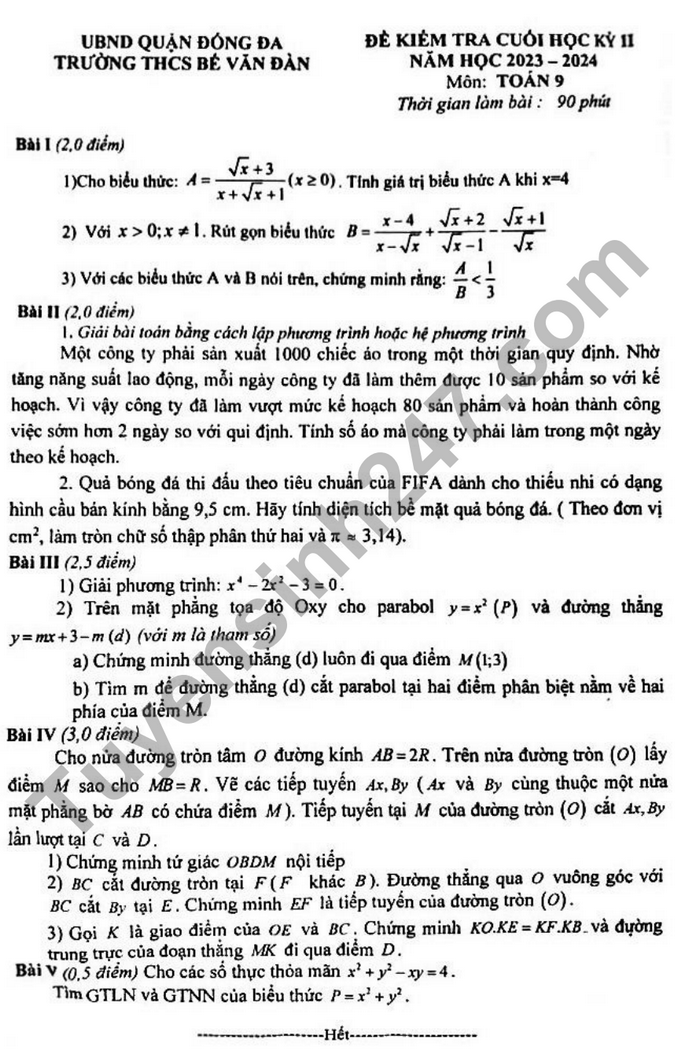 De thi ki 2 lop 9 mon Toan 2024 - THCS Be Van Dan