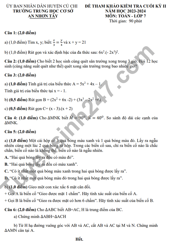 De thi ki 2 mon Toan lop 7 nam 2024 - THCS An Nhon Tay (De tham khao)