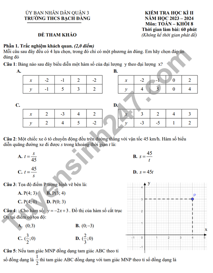 De thi ki 2 mon Toan lop 8 - THCS Bach Dang 2024 (De tham khao)