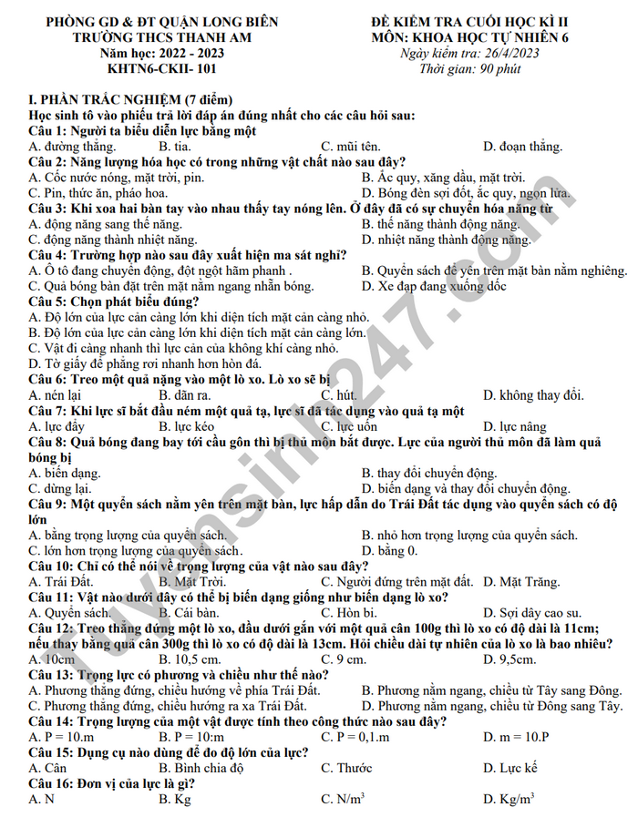 De thi hoc ki 2 lop 6 mon KHTN - THCS Thanh Am 2023 (Co dap an)