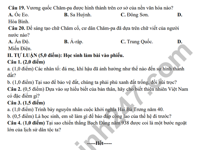 De thi cuoi ki 2 nam 2023 mon Su - Dia 6 - THCS Thanh Am