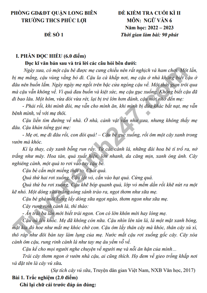 De thi ki 2 lop 6 mon Van 2023 - THCS Phuc Loi (Co dap an)