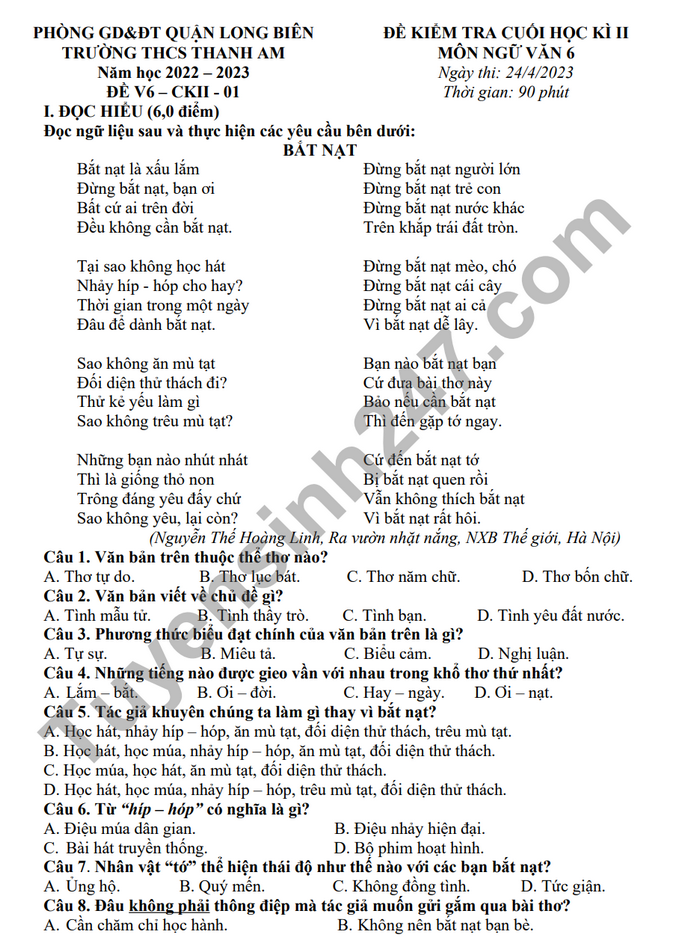 De thi ki 2 lop 6 mon Van 2023 - THCS Thanh Am