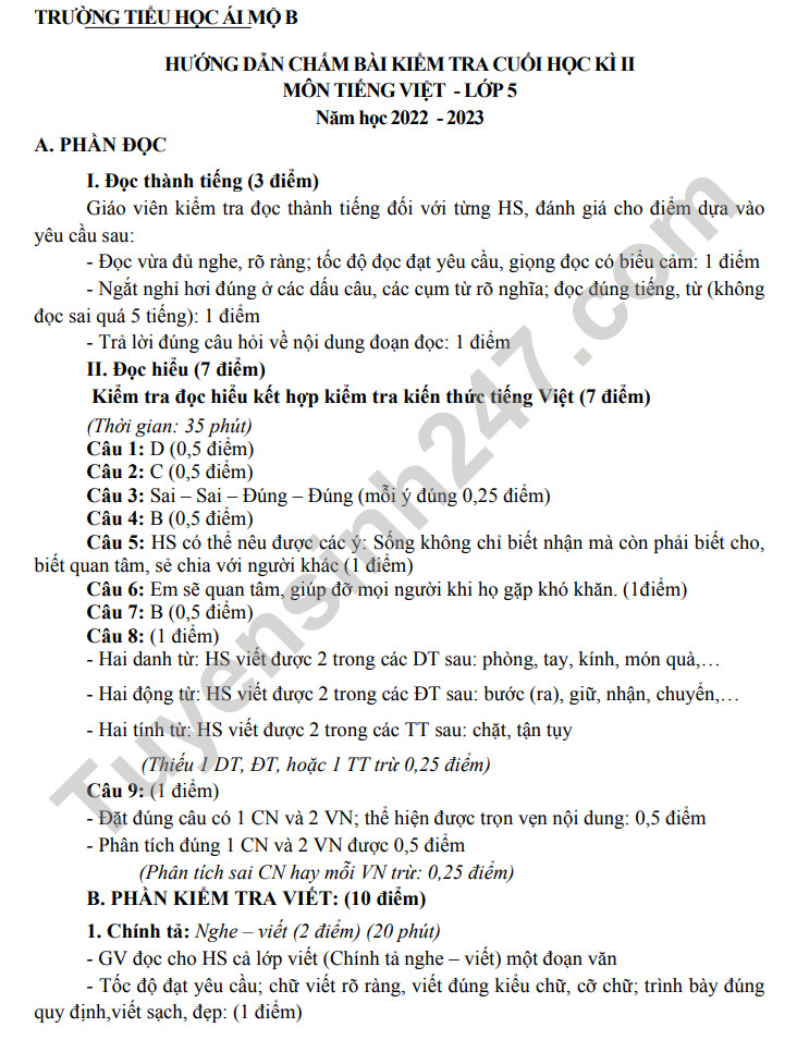 De thi ki 2 mon Tieng Viet lop 5 nam 2023 - TH Ai Mo B (Co dap an)