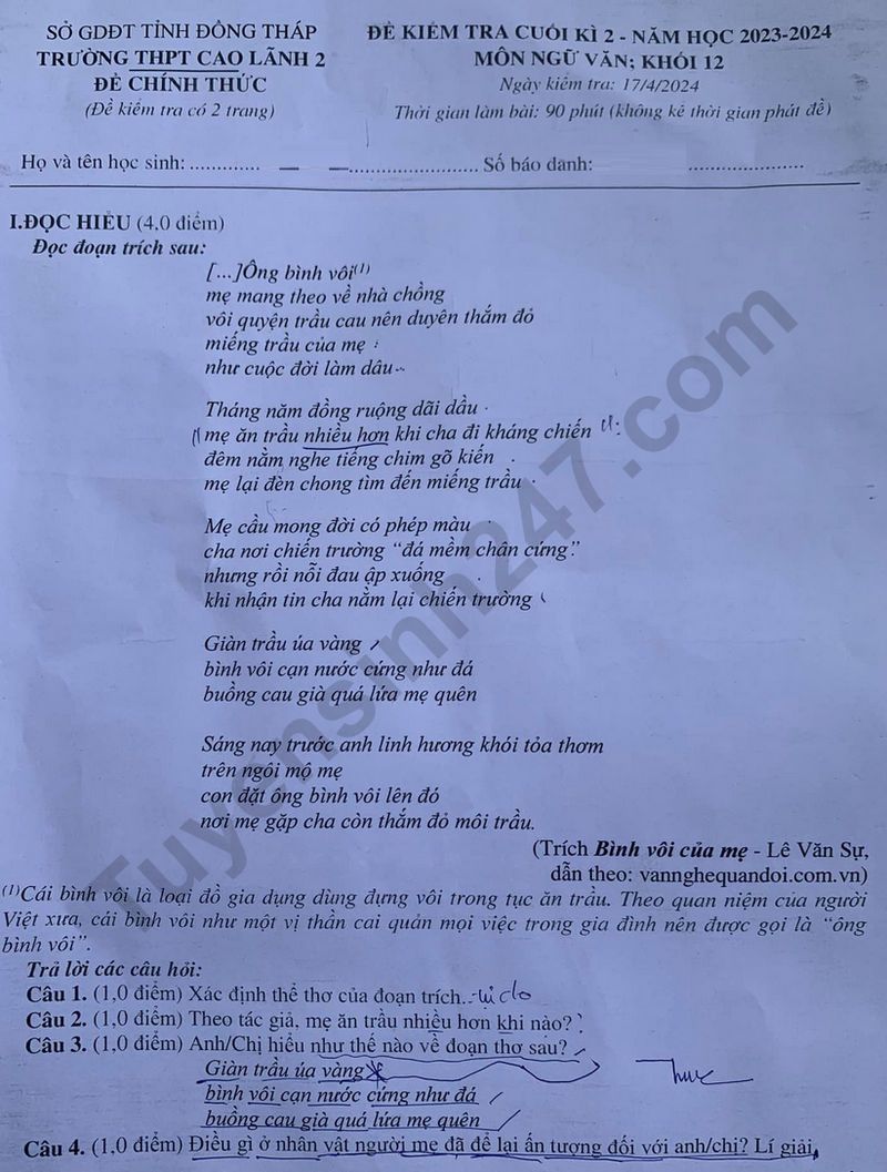 De thi ki 2 mon Van lop 12 nam 2024 - THPT Cao Lanh 2