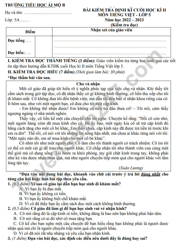 De thi ki 2 mon Tieng Viet lop 5 nam 2023 - TH Ai Mo B (Co dap an)
