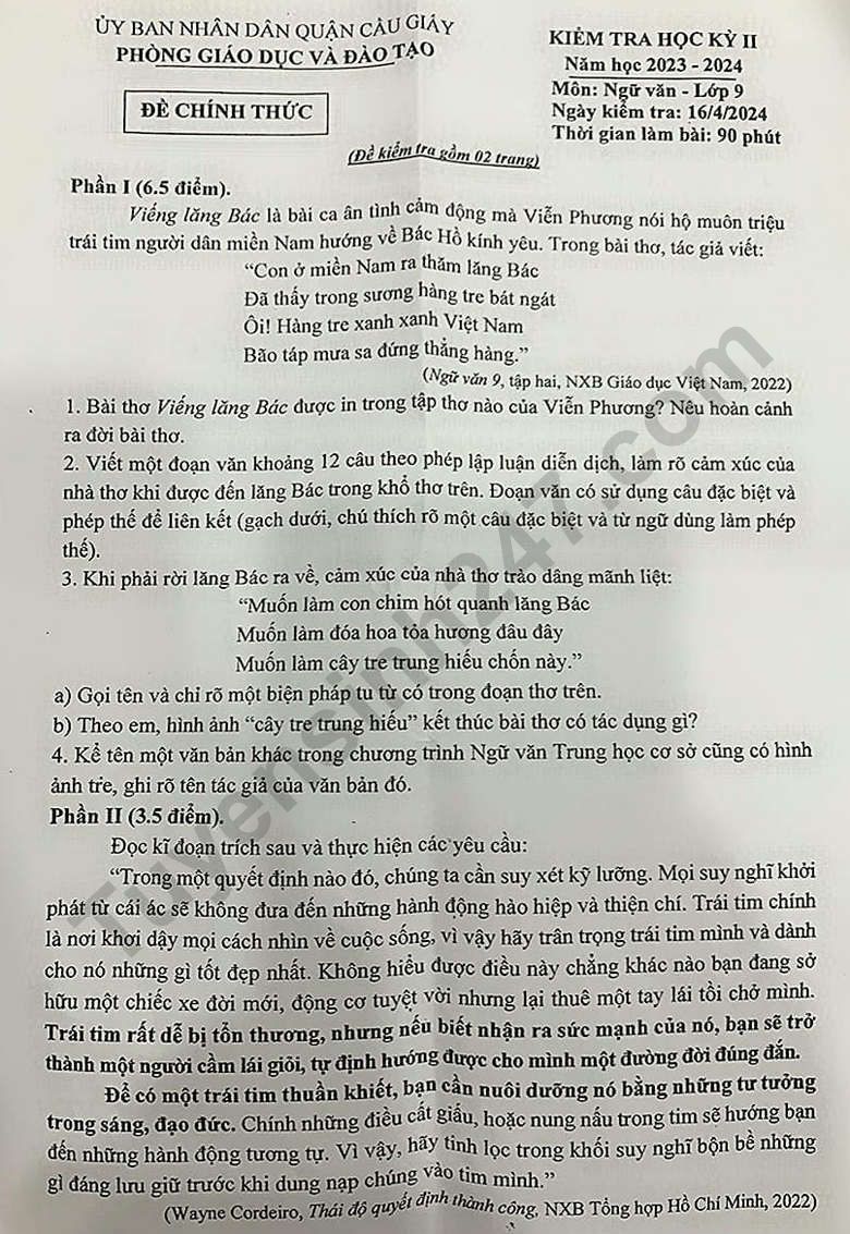 De thi ki 2 mon Van lop 9 - Quan Cau Giay 2024