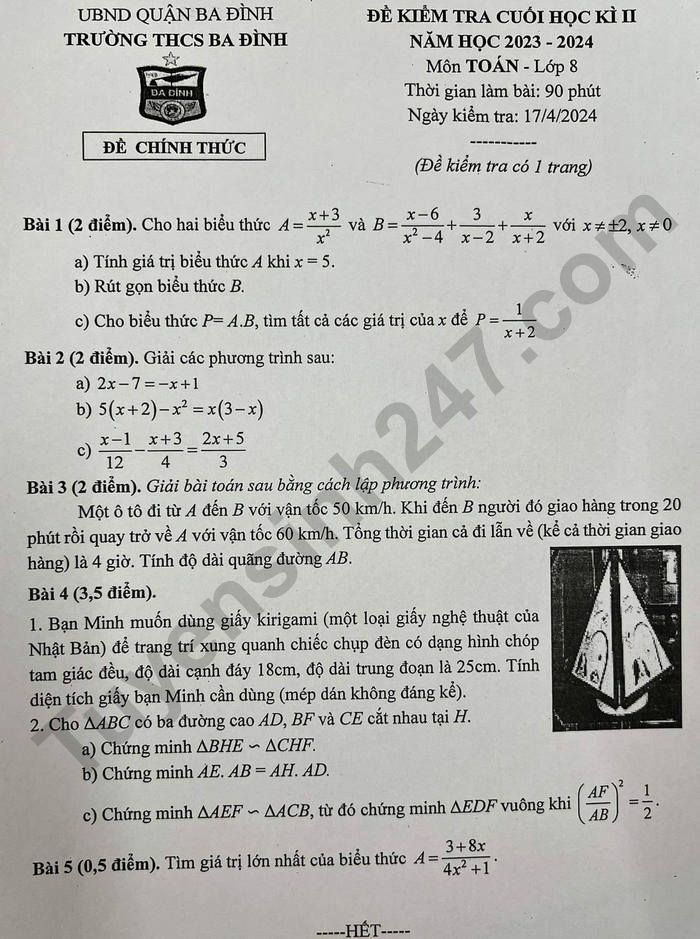 De thi hoc ki 2 mon Toan lop 8 - THCS Ba Dinh 2024