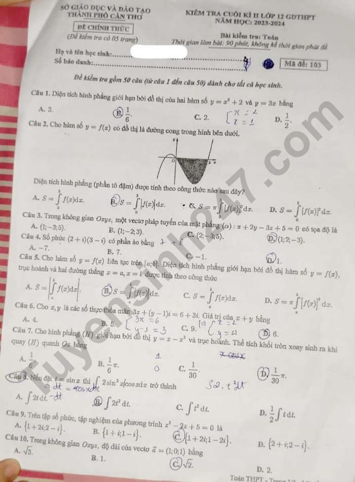 De thi cuoi ki 2 lop 12 mon Toan - TP Can Tho 2024