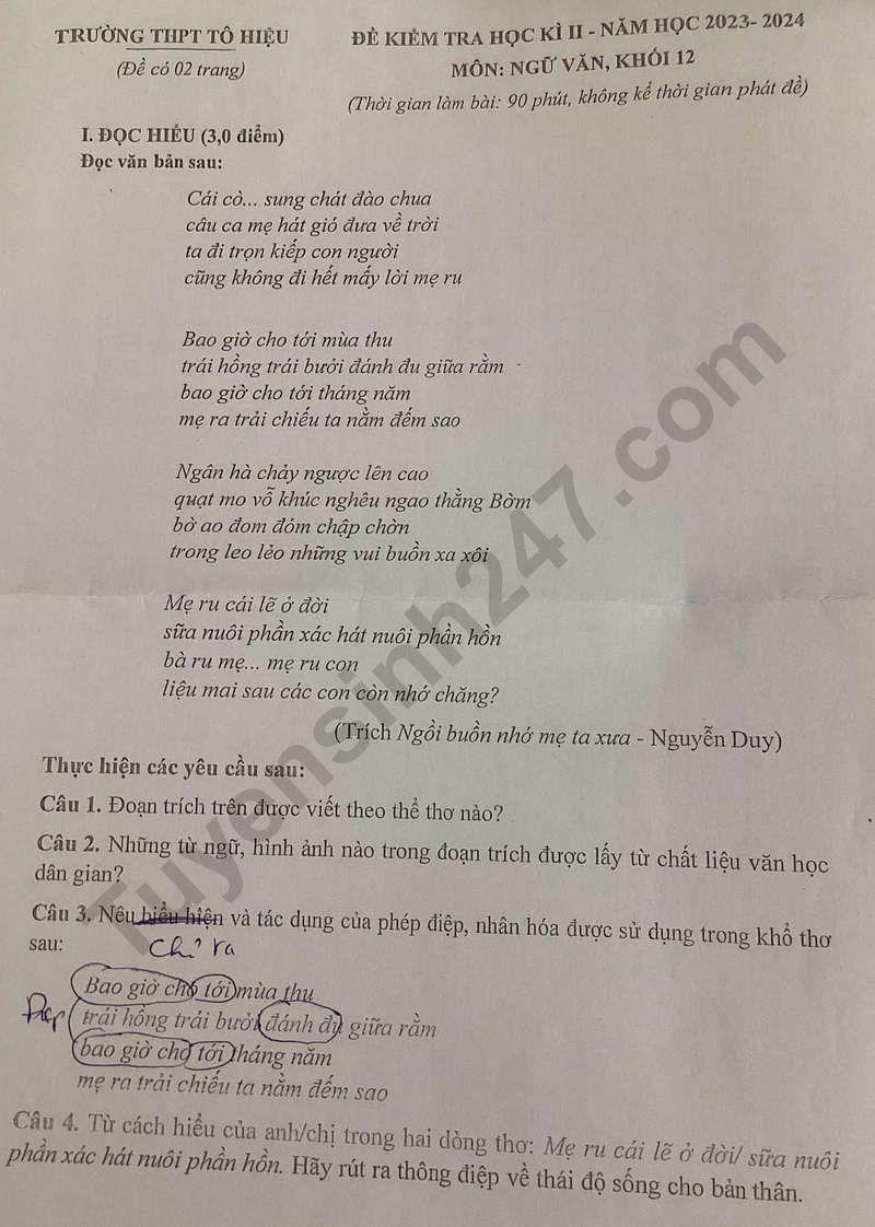 De kiem tra cuoi ki 2 lop 12 mon Van 2024 - THPT To Hieu