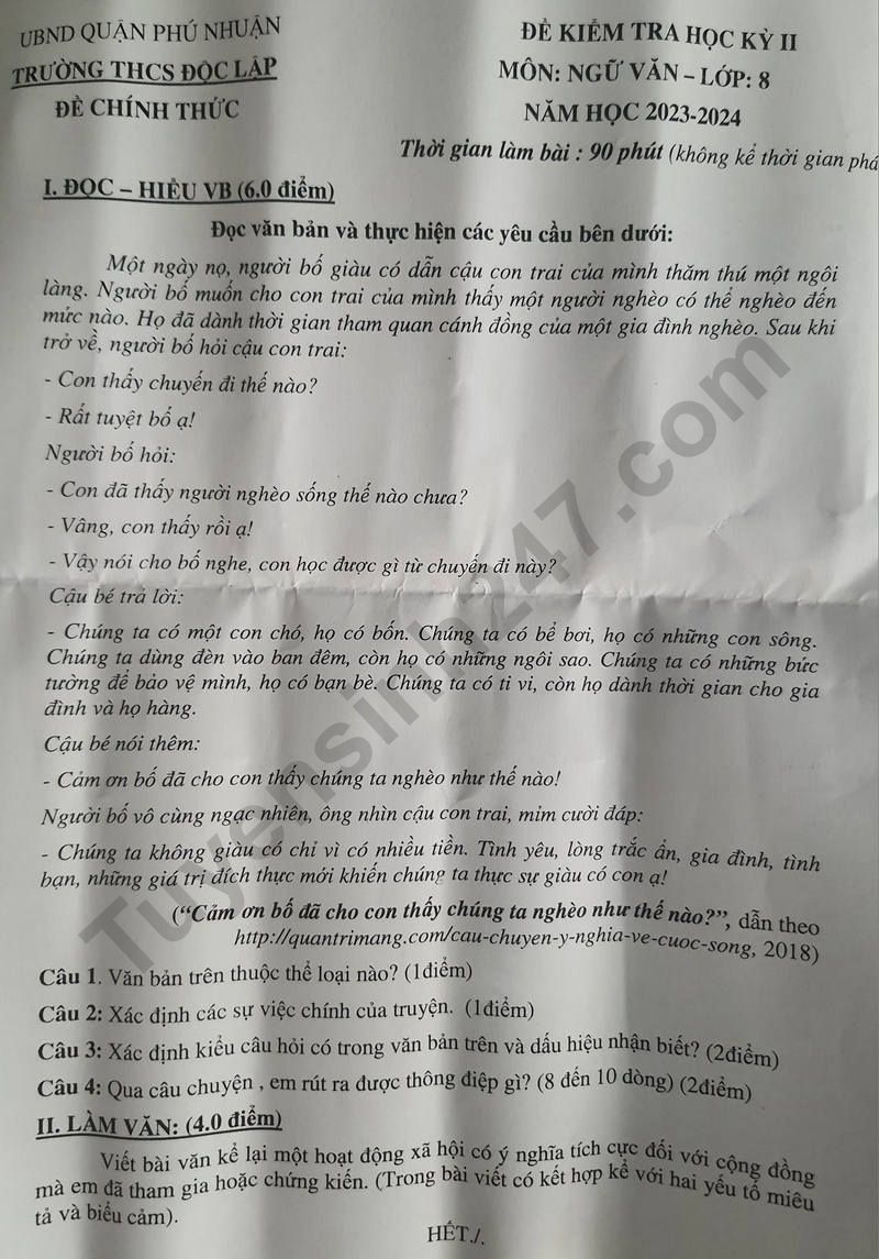 De thi ki 2 lop 8 mon Van 2024 - THCS Doc Lap