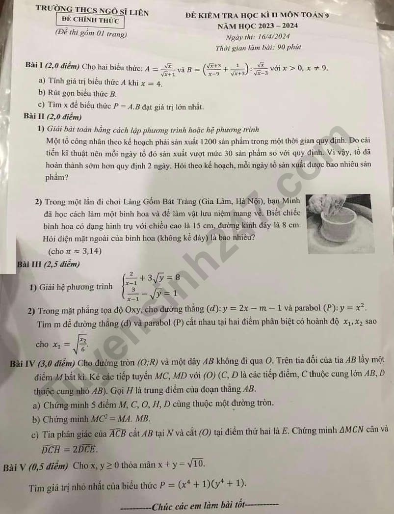 De thi cuoi ki 2 lop 9 mon Toan 2024 - THCS Ngo Si Lien