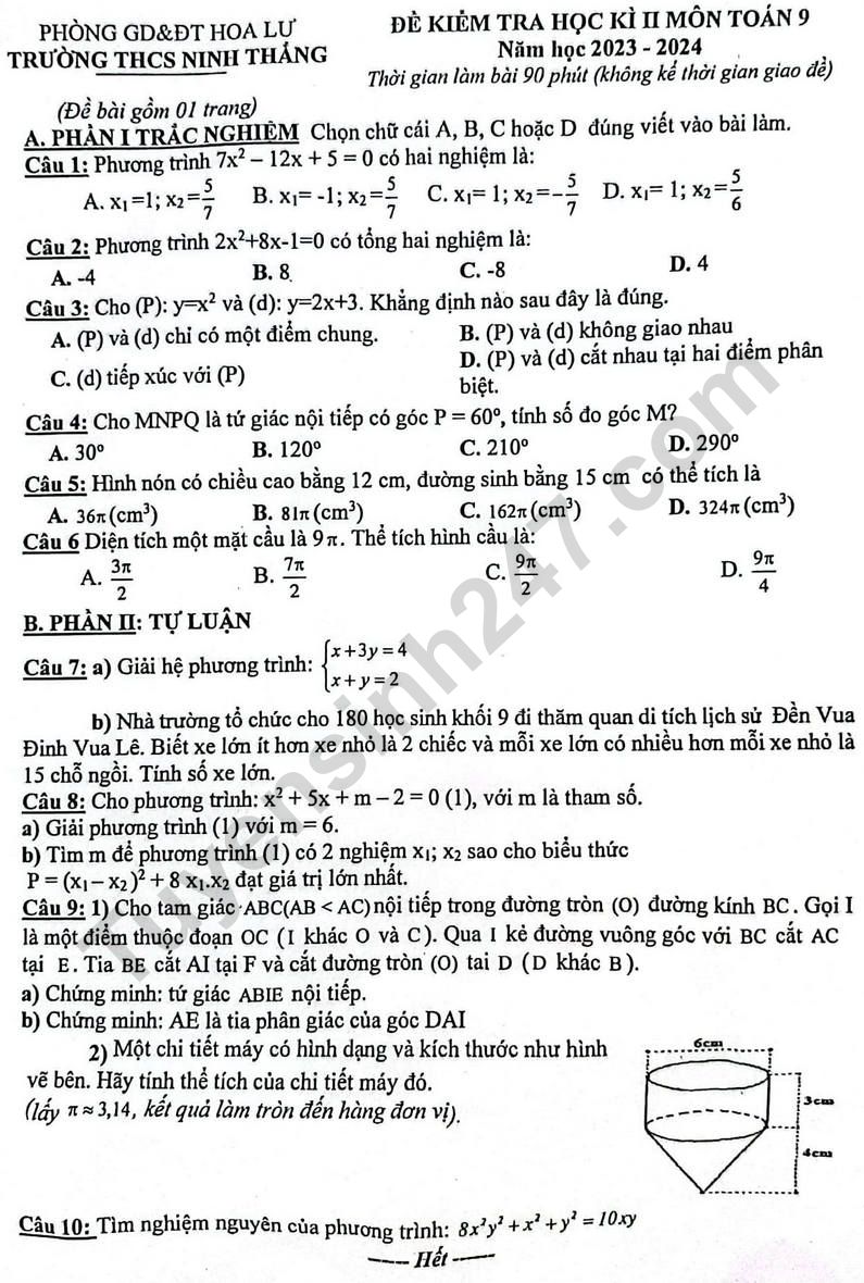 De thi ki 2 lop 9 mon Toan - THCS Ninh Thang 2024