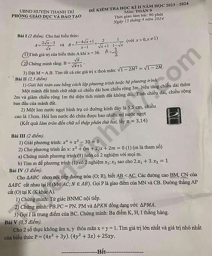 De thi ki 2 mon Toan lop 9 - Huyen Thanh Tri 2024
