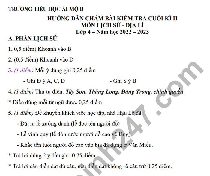 De thi ki 2 lop 4 mon Su - Dia 2023 - TH Ai Mo B (Co dap an)