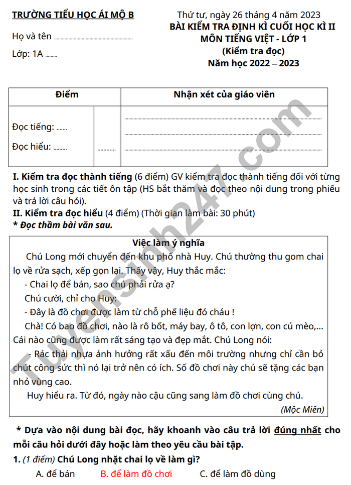 De thi ki 2 lop 1 mon Tieng Viet 2023 - TH Ai Mo B (Co dap an)