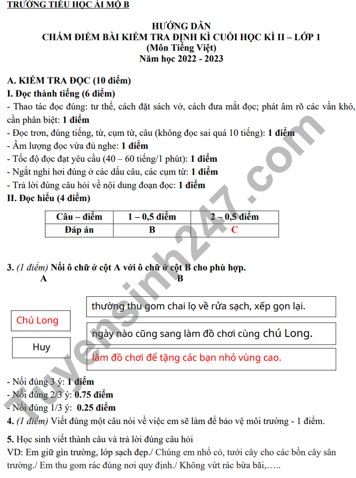 De thi ki 2 lop 1 mon Tieng Viet 2023 - TH Ai Mo B (Co dap an)