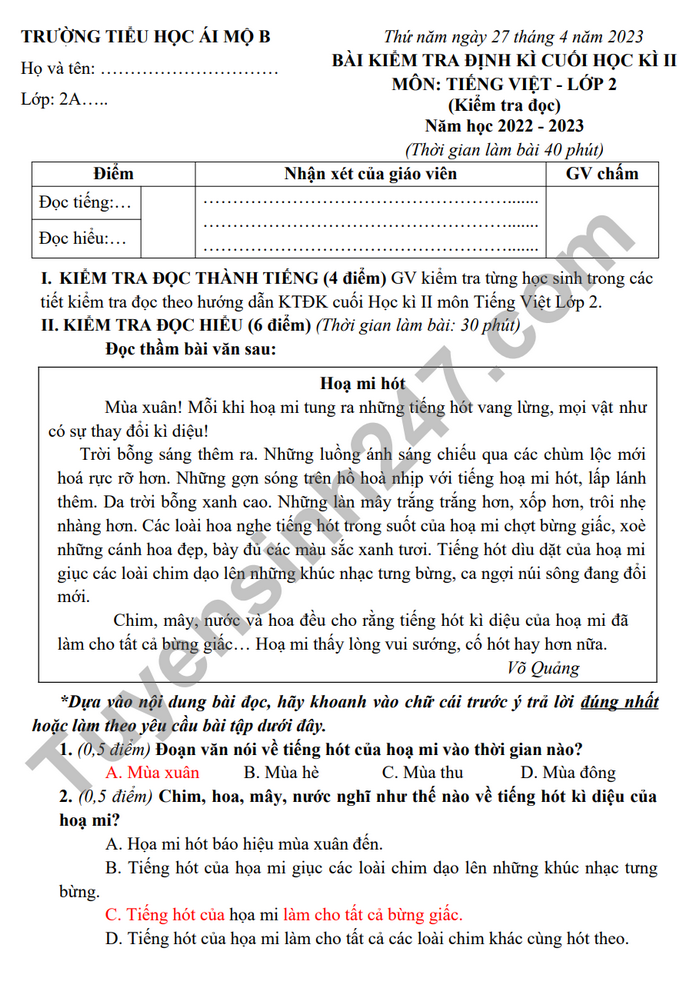 De thi ki 2 lop 2 mon Tieng Viet nam 2023 - TH Ai Mo B (Co dap an)