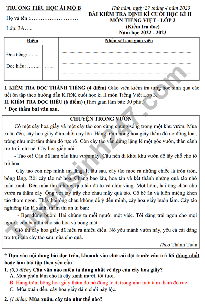 De thi hoc ki 2 lop 3 mon Tieng Viet - TH Ai Mo B nam 2023 (Co dap an)