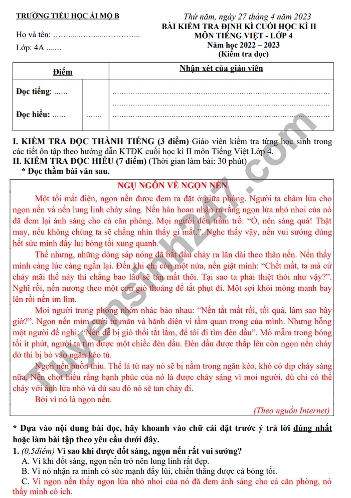 De thi ki 2 mon Tieng Viet lop 4 - TH Ai Mo B 2023 (Co dap an)
