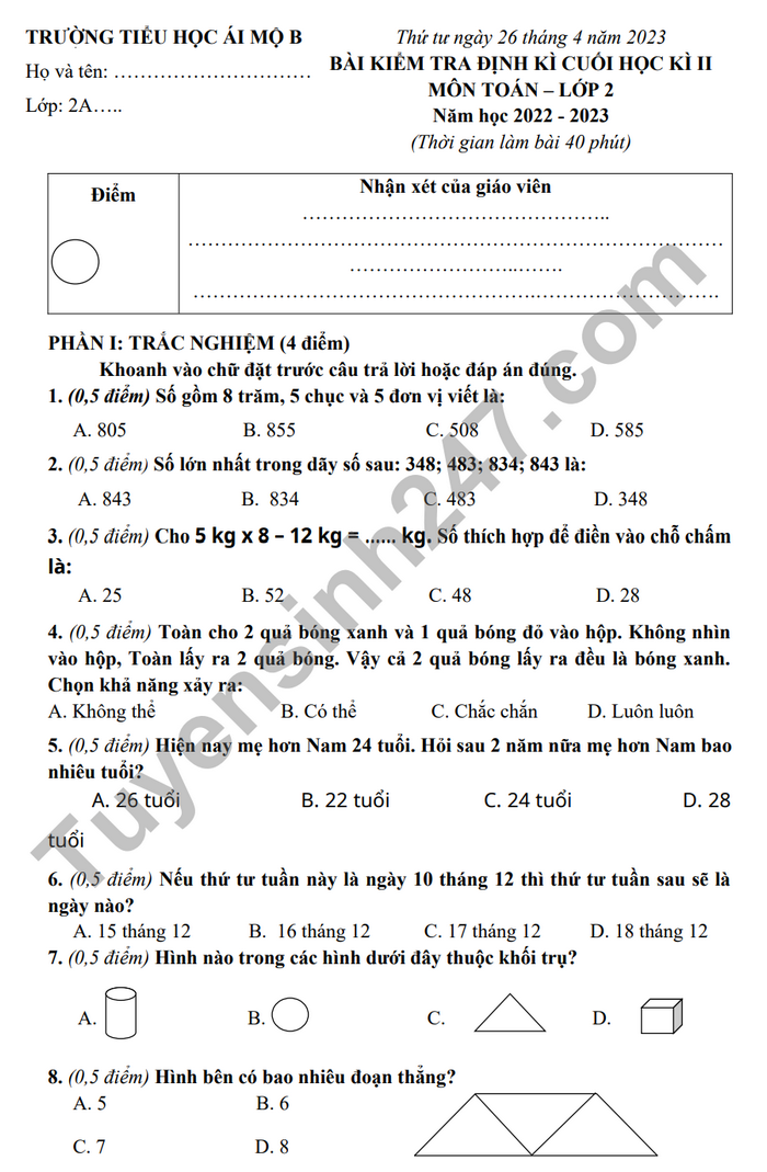De thi ki 2 lop 2 mon Toan 2023 - TH Ai Mo B (Co dap an)