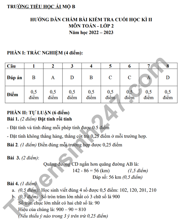De thi ki 2 lop 2 mon Toan 2023 - TH Ai Mo B (Co dap an)