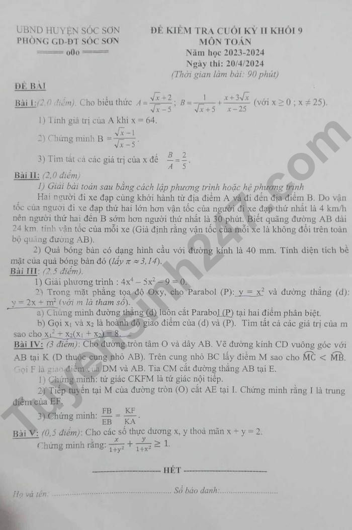 De thi ki 2 lop 9 mon Toan 2024 - Huyen Soc Son