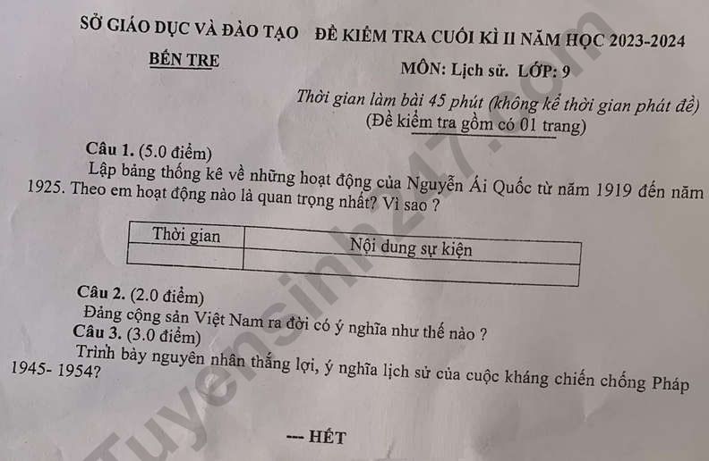 De thi ki 2 lop 9 mon Su 2024 - So GD Ben Tre (Co dap an)