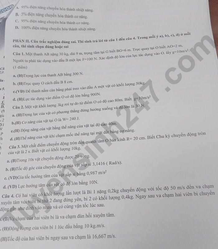 De thi cuoi ki 2 lop 10 mon Li - PT DTNT Son Dong 2024