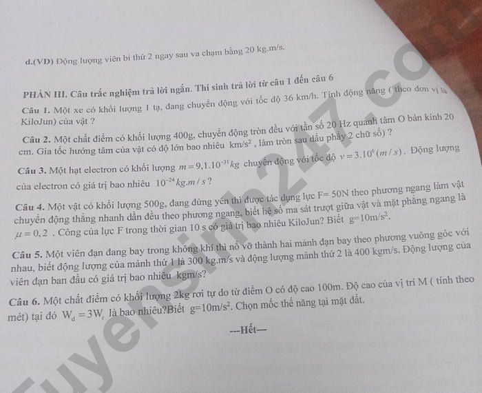 De thi cuoi ki 2 lop 10 mon Li - PT DTNT Son Dong 2024
