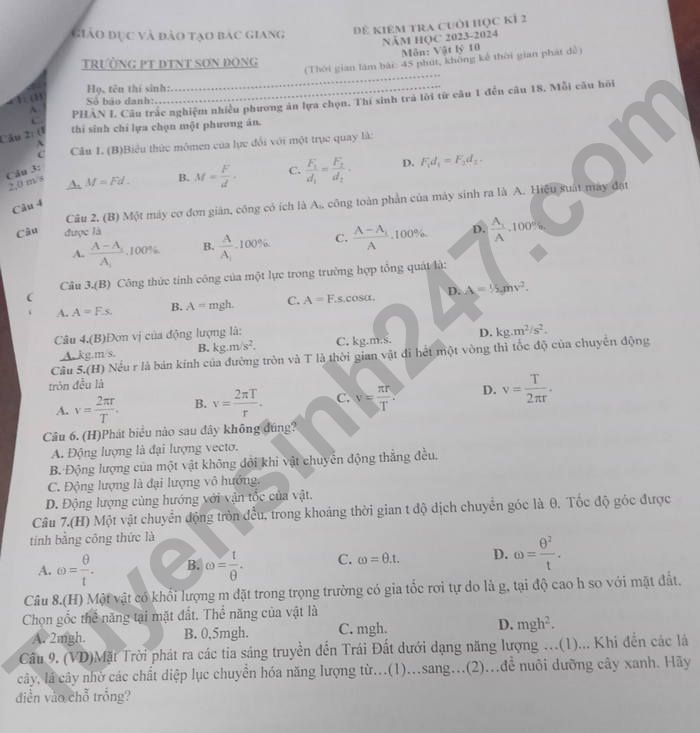 De thi cuoi ki 2 lop 10 mon Li - PT DTNT Son Dong 2024