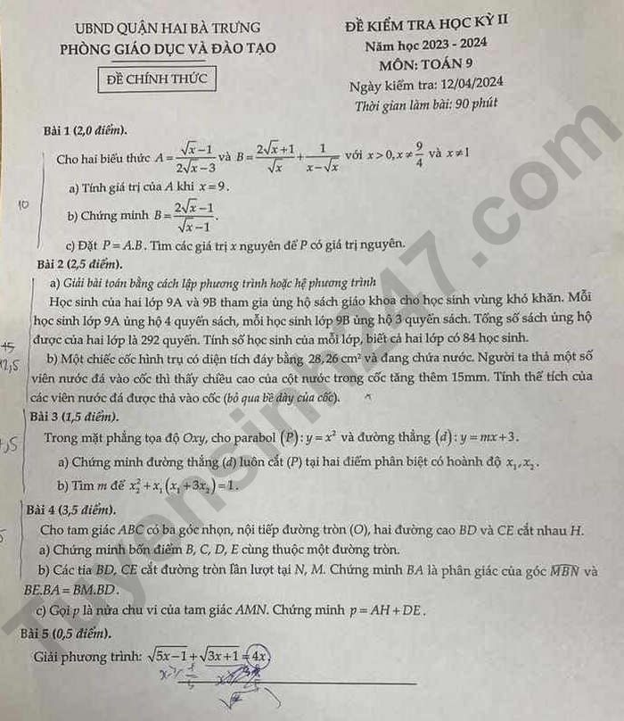 De thi ki 2 lop 9 mon Toan 2024 - Quan Hai Ba Trung