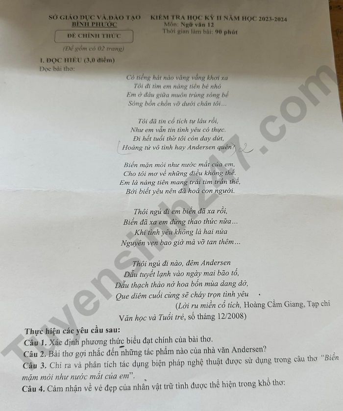 De thi ki 2 mon Van lop 12 - tinh Binh Phuoc 2024