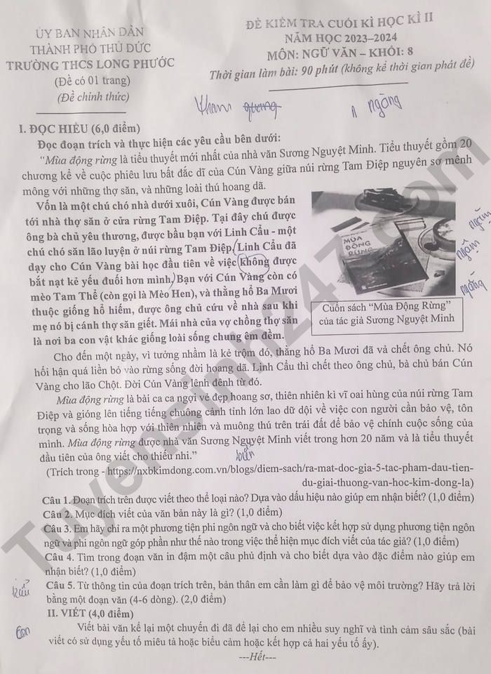 De thi hoc ki 2 mon Van lop 8 THCS Long Phuoc 2024