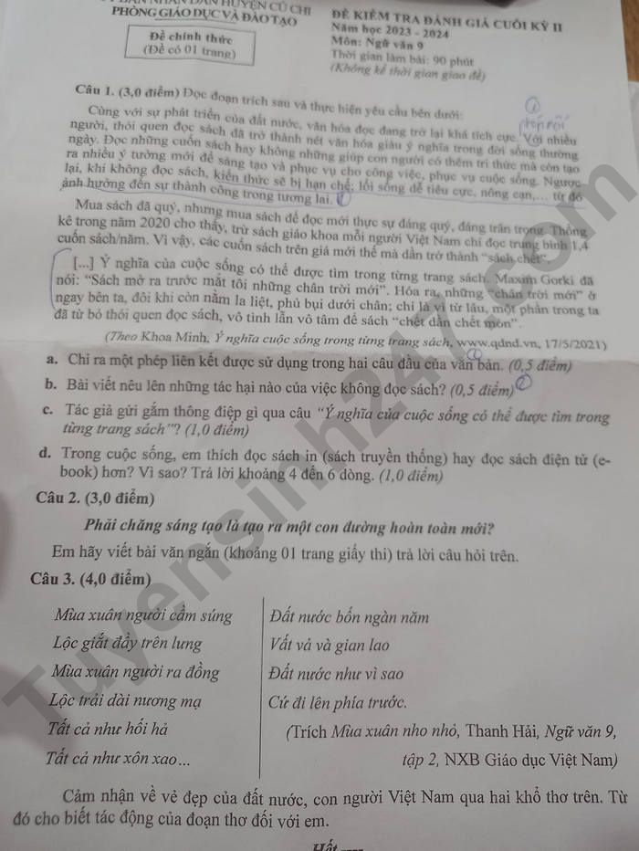 De thi ki 2 mon Van lop 9 - Huyen Cu Chi 2024