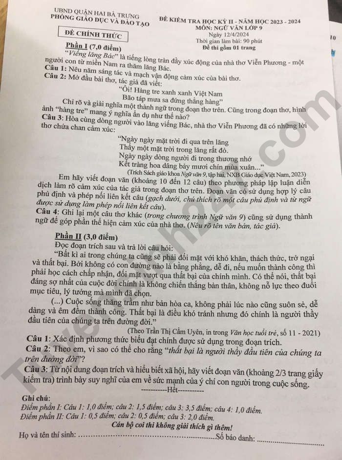 De thi ki 2 mon Van lop 9 - Quan Hai Ba Trung 2024