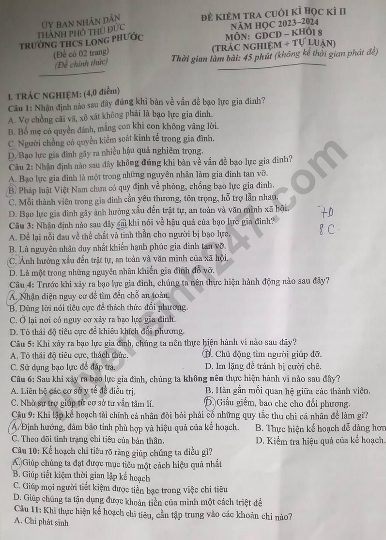 De thi ki 2 lop 8 mon GDCD 2024 - THCS Long Phuoc