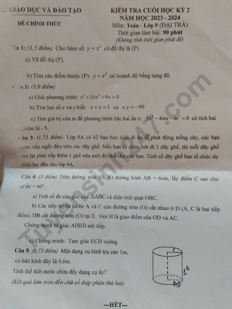 De thi ki 2 mon Toan lop 9 - So GD Binh Duong 2024 (Co dap an)