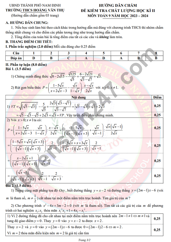 De thi ki 2 mon Toan lop 9 - THCS Hoang Van Thu 2024 (Co dap an)