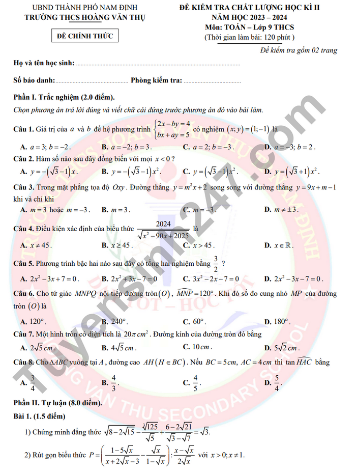 De thi ki 2 mon Toan lop 9 - THCS Hoang Van Thu 2024 (Co dap an)