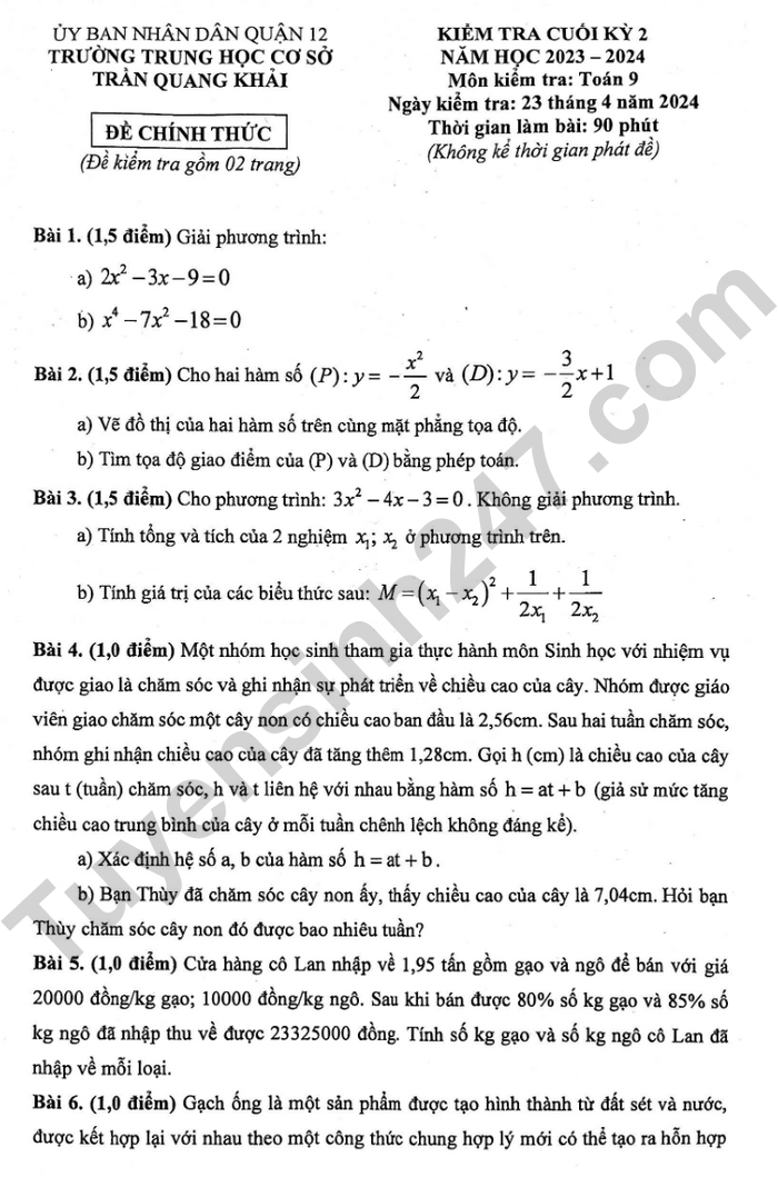 De thi ki 2 lop 9 mon Toan 2024 - THCS Tran Quang Khai