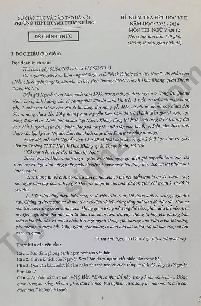 De thi ki 2 mon Van lop 12 - THPT Huynh Thuc Khang 2024
