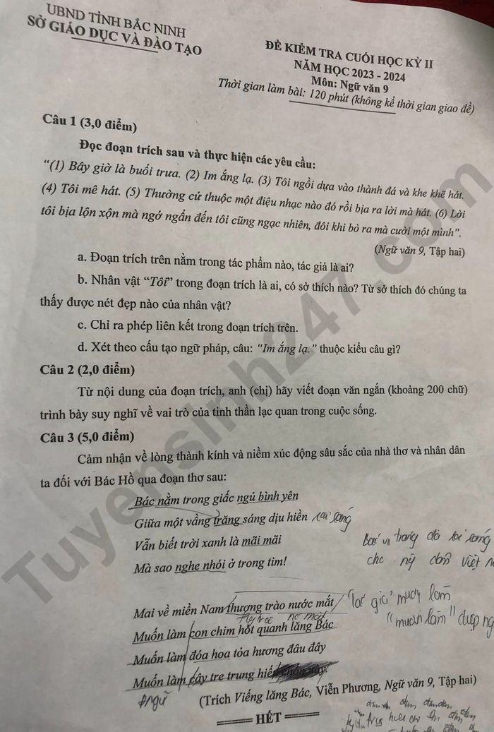 De thi ki 2 mon Van lop 9 nam 2024 - So GD Bac Ninh