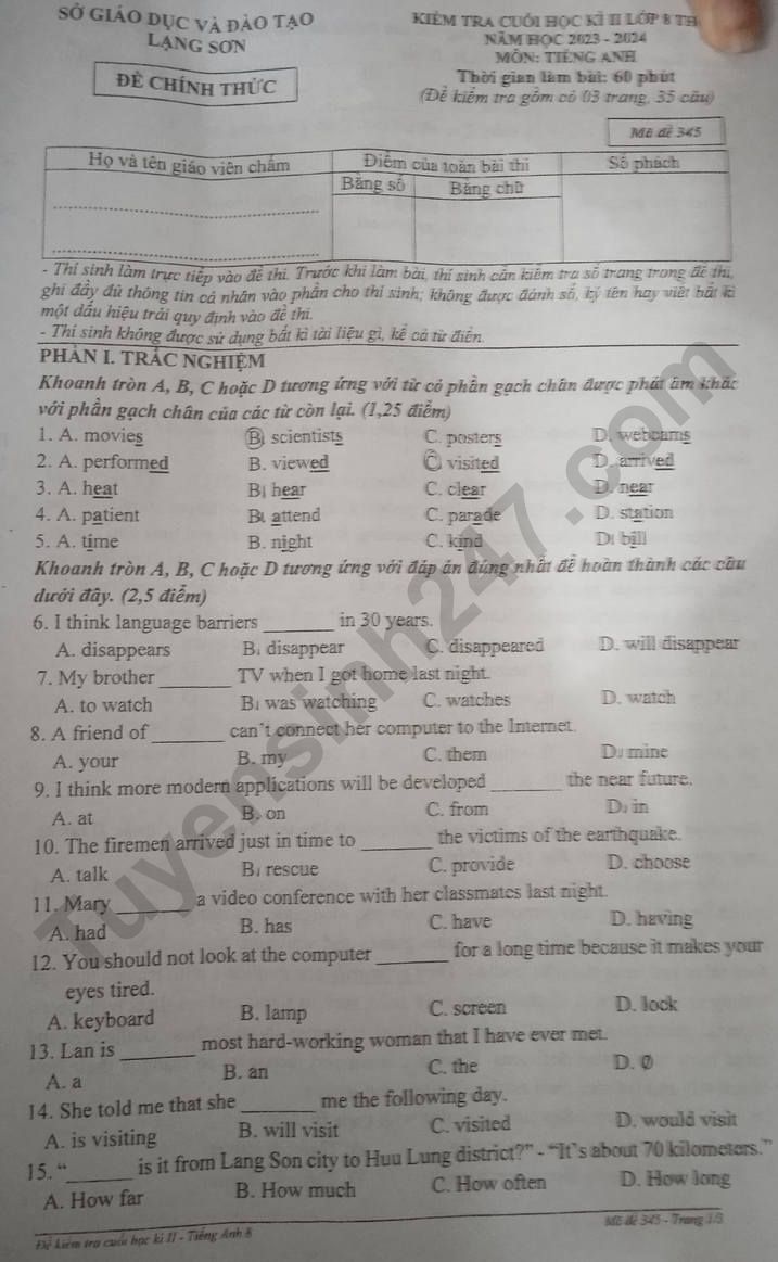 De thi ki 2 lop 8 mon Anh 2024 - So GD Lang Son (Co dap an)